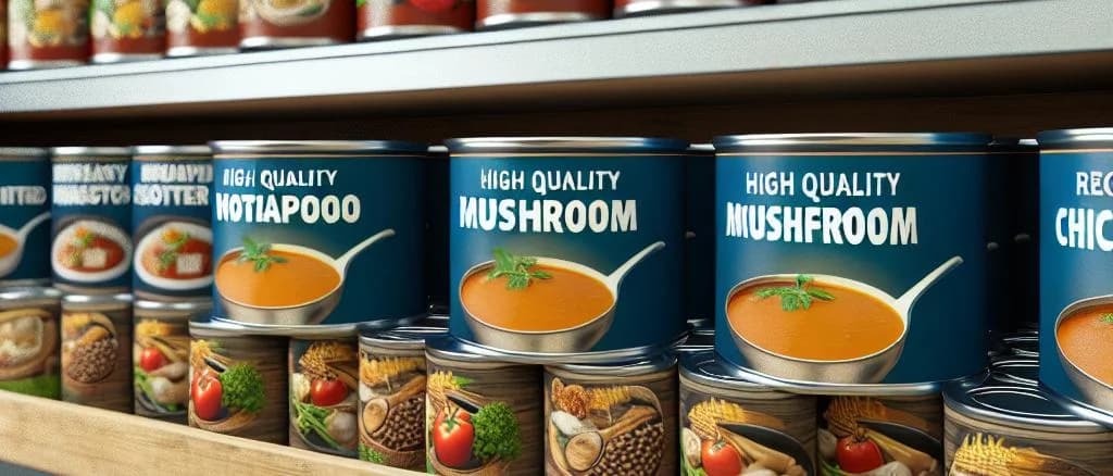 variety of canned soup products on a wooden shelf