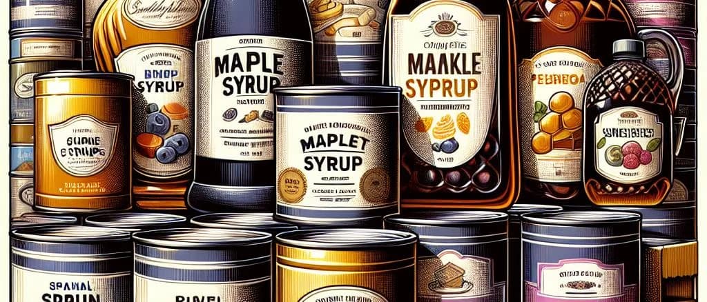 various canned syrups in different packaging options on a wooden shelf