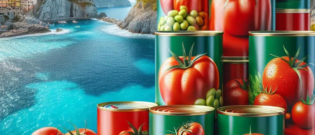 Assorted canned tomatoes in vibrant packages against a rustic kitchen background