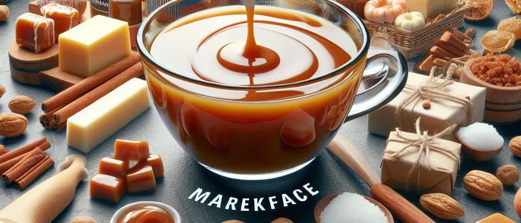 Various caramel sauce jars with custom labels on a wooden counter