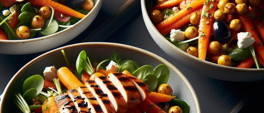 Assorted carrot salad variations with different packaging styles