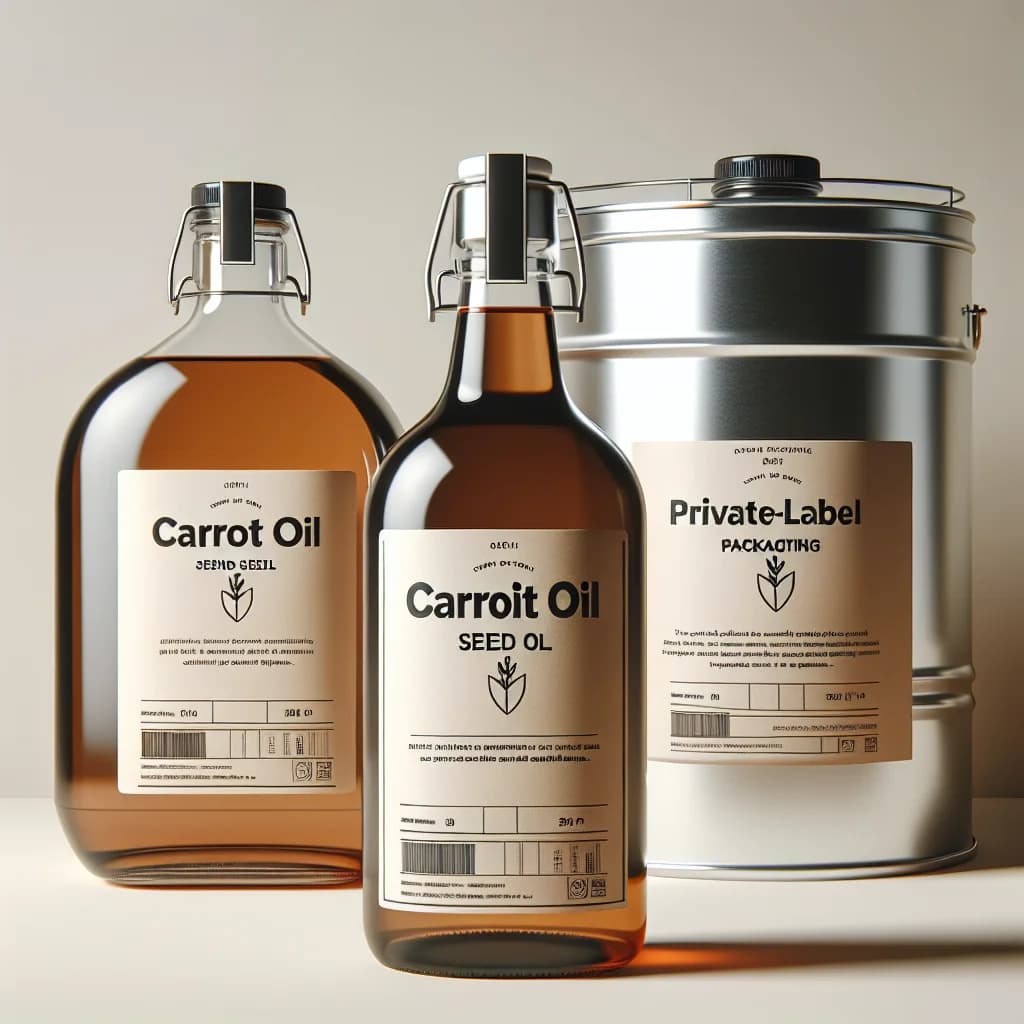 Carrot Seed Oil bottles in various packaging with clean, minimalistic labels on a neutral background