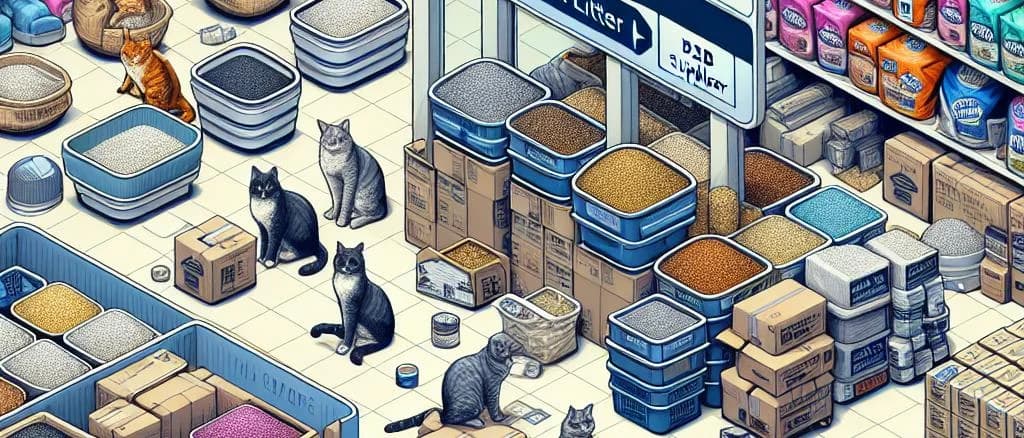 Various types of cat litter packaging on a clean, white background