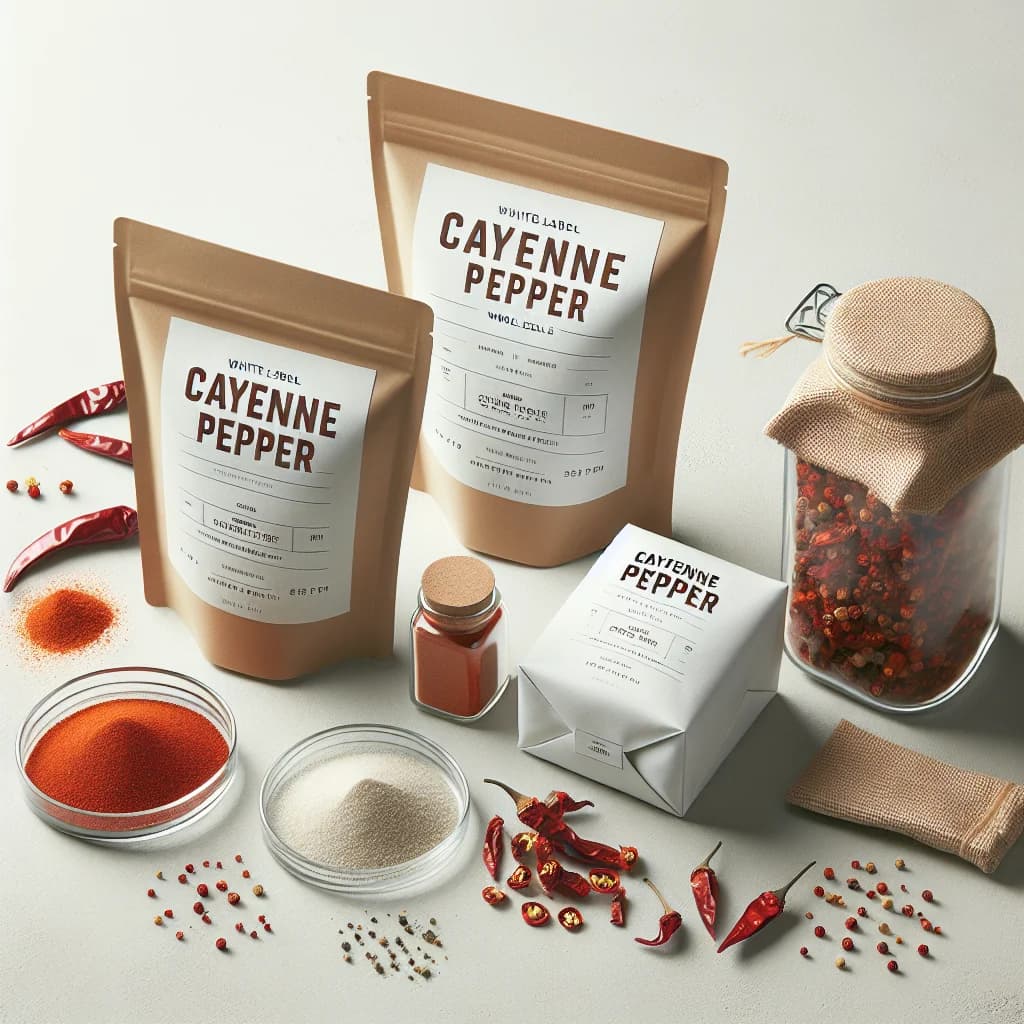 Various packaged cayenne pepper products on a clean, light backdrop showcasing bulk, private label, and wholesale options