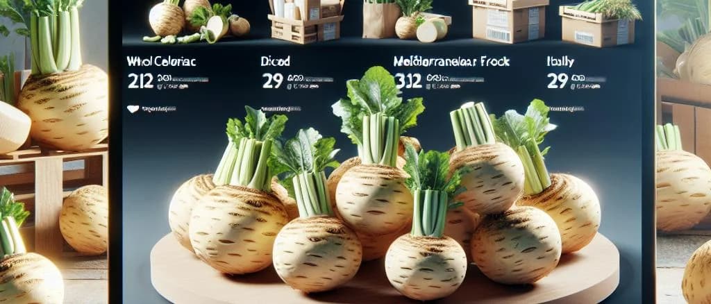 Various forms of packaged celeriac on a wooden background, showcasing fresh and processed options.