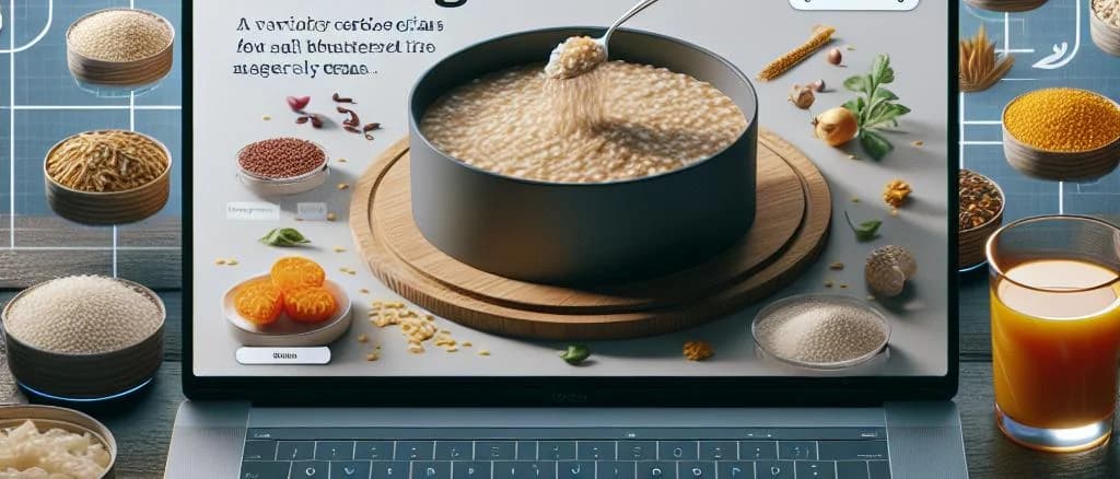 Various cereal grain varieties including wheat, corn, and rice with different packaging options on wooden background