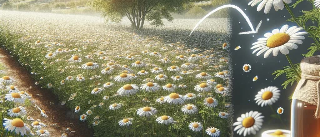 Various chamomile tea packaging options on a wooden table with dried chamomile flowers