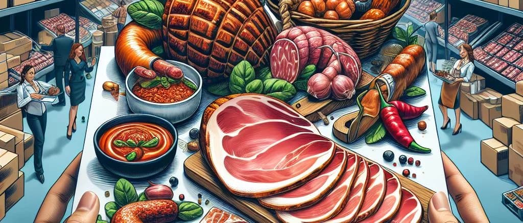 Charcuterie assortment with various meats and cheeses on wooden boards