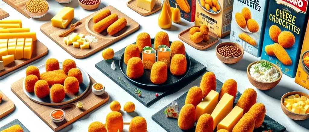 Various cheese croquettes in different packaging and flavors on a wooden table