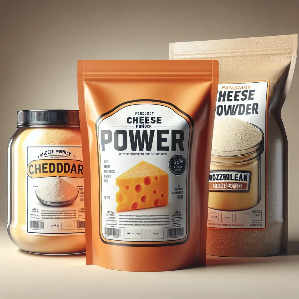 varied cheese powder products in industrial packaging on a clean background