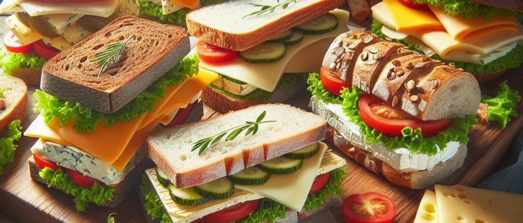 cheese sandwiches on rustic wooden board with various fillings and packaging styles
