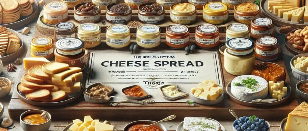 Assorted cheese spread variations with different packaging options and a stylish background