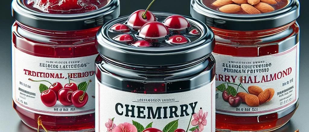 Various cherry jam jars with different packaging styles on a wooden background