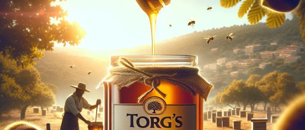 Chestnut honey jars with various packaging on a rustic wooden background