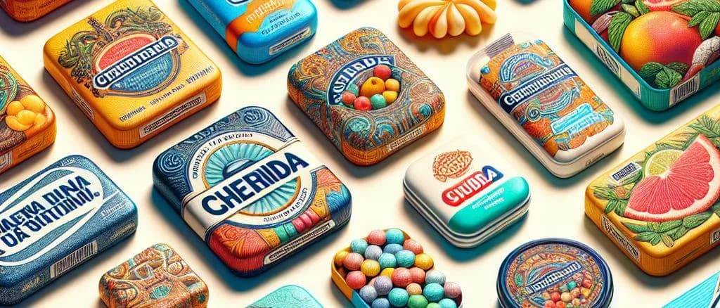 assorted chewing gum packaging on colorful background