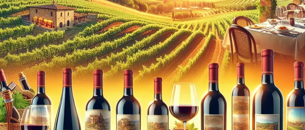 Assorted Chianti wine bottles on a wooden table with vineyard background