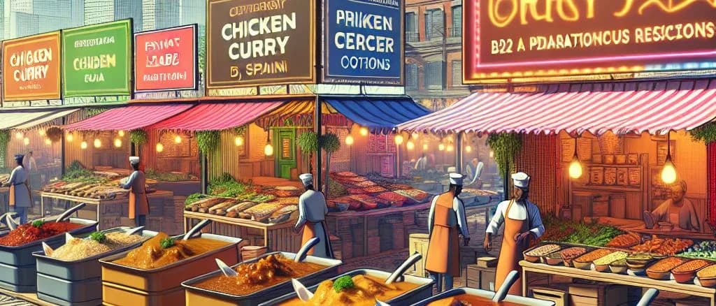 Variety of chicken curry dishes with diverse packaging