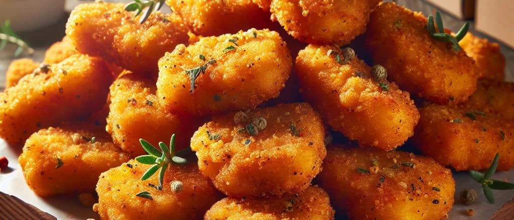 Variety of chicken nuggets on wooden board with dipping sauces