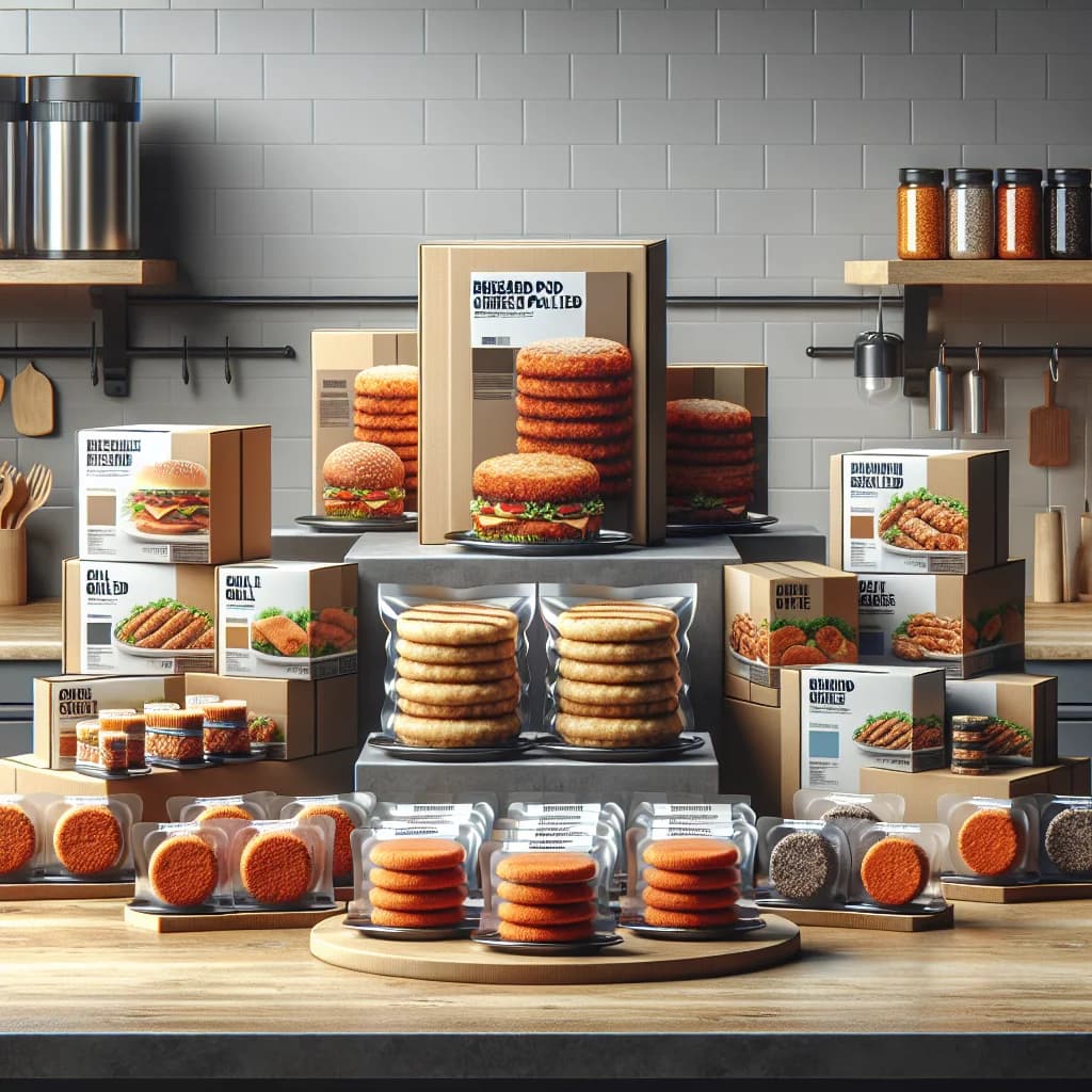 assorted chicken patties in various packaging options on a clean wooden surface