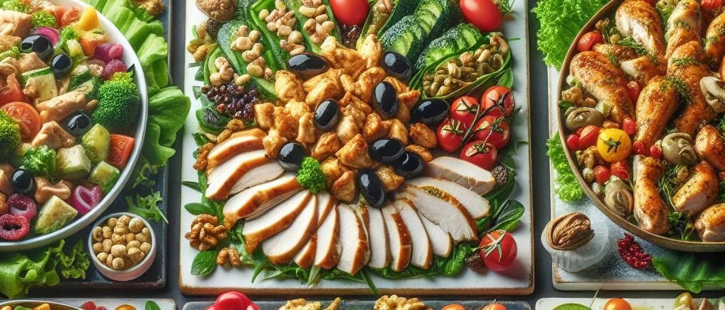 Variety of chicken salads with different packaging options on a wooden table