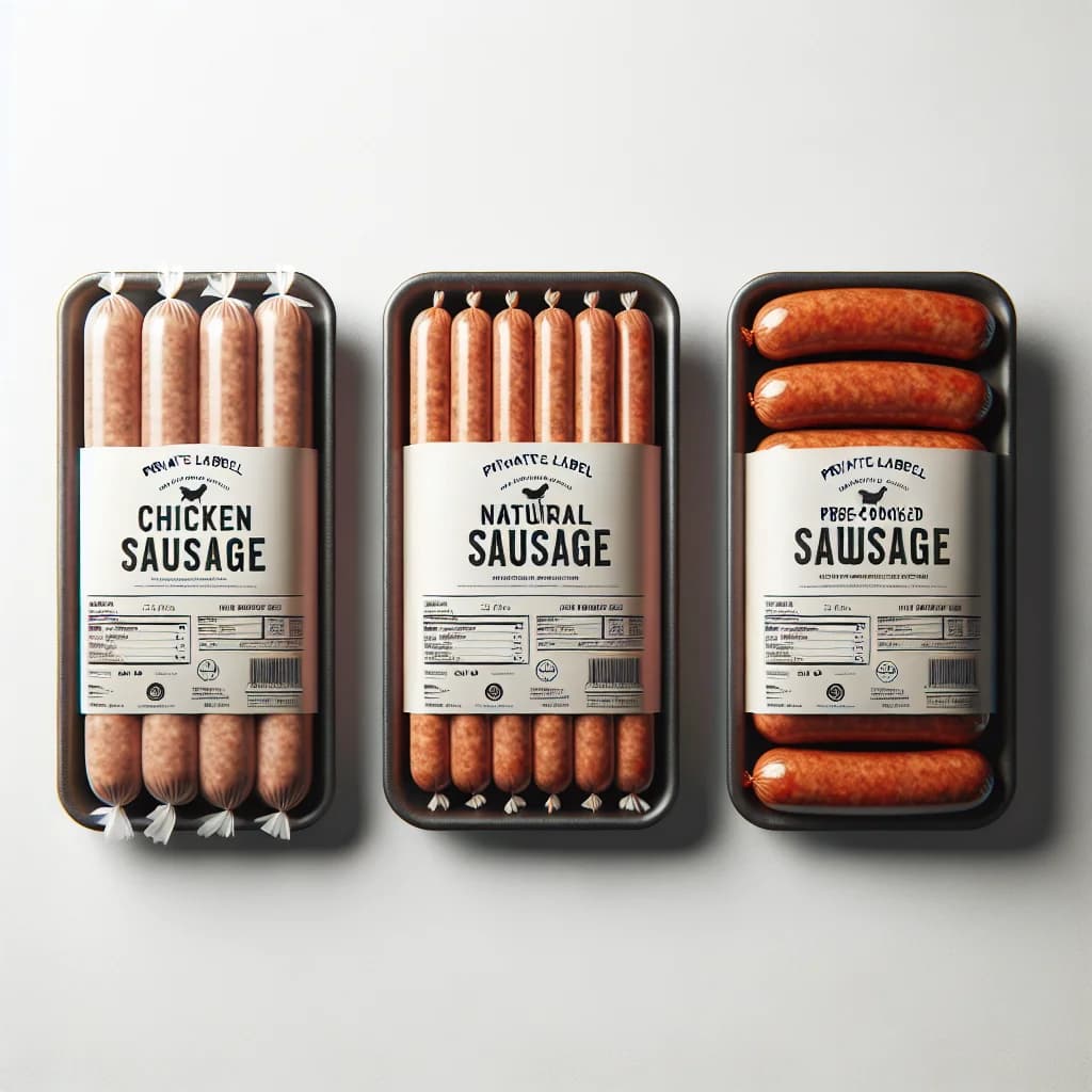 packaging variations of chicken sausage in bulk and wholesale options on a clean background