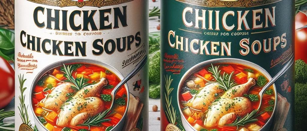 various chicken soup product variations with diverse packaging on a wooden kitchen counter