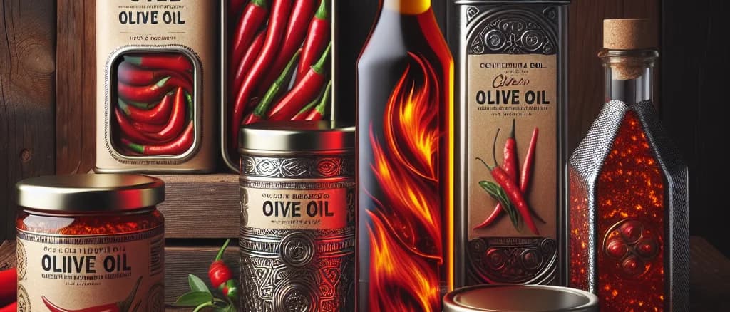 Chili olive oil bottles with variations in packaging on a rustic wooden table