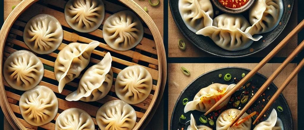assortment of Chinese dumplings with various fillings, neatly presented on a bamboo mat