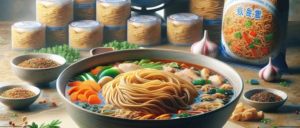 Various types of packaged Chinese noodles on a wooden kitchen counter
