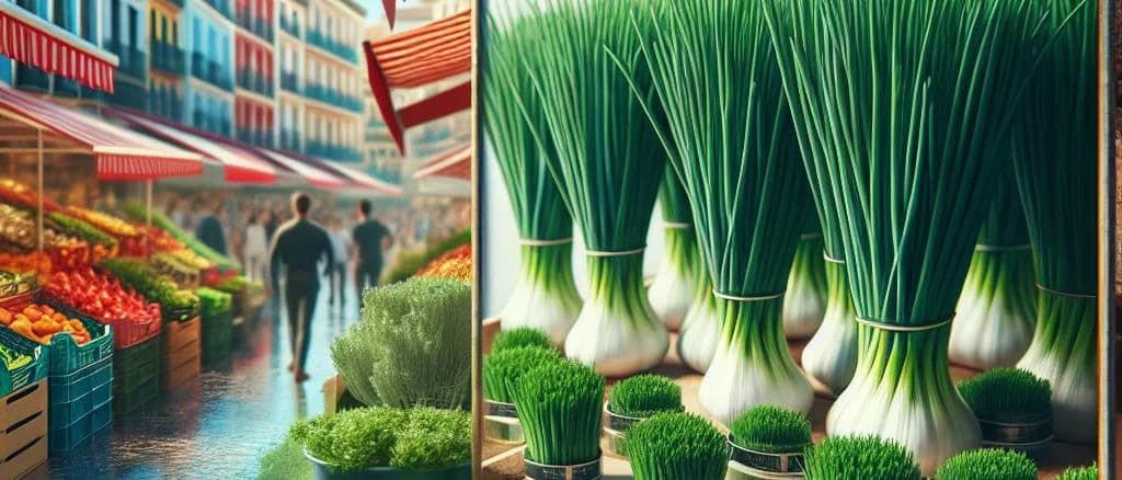 Variety of chives packaged in sustainable materials on a wooden tabletop