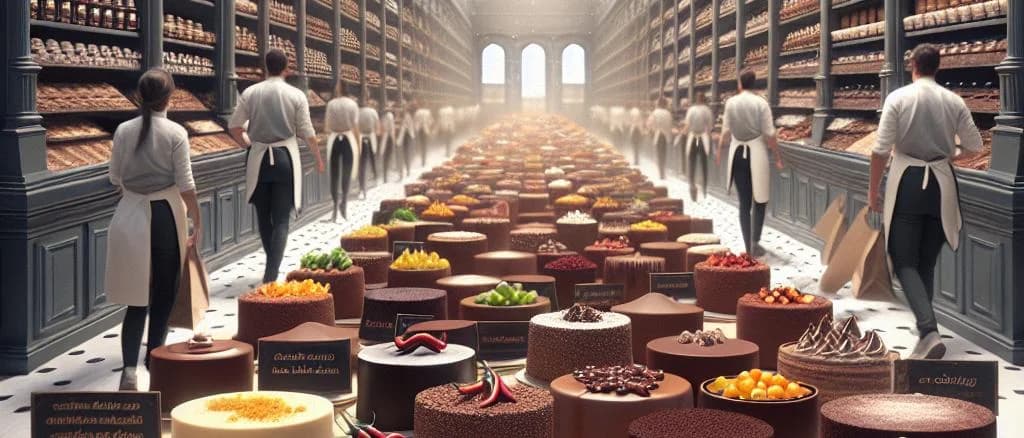 Various chocolate cake designs in elegant packaging on wooden background