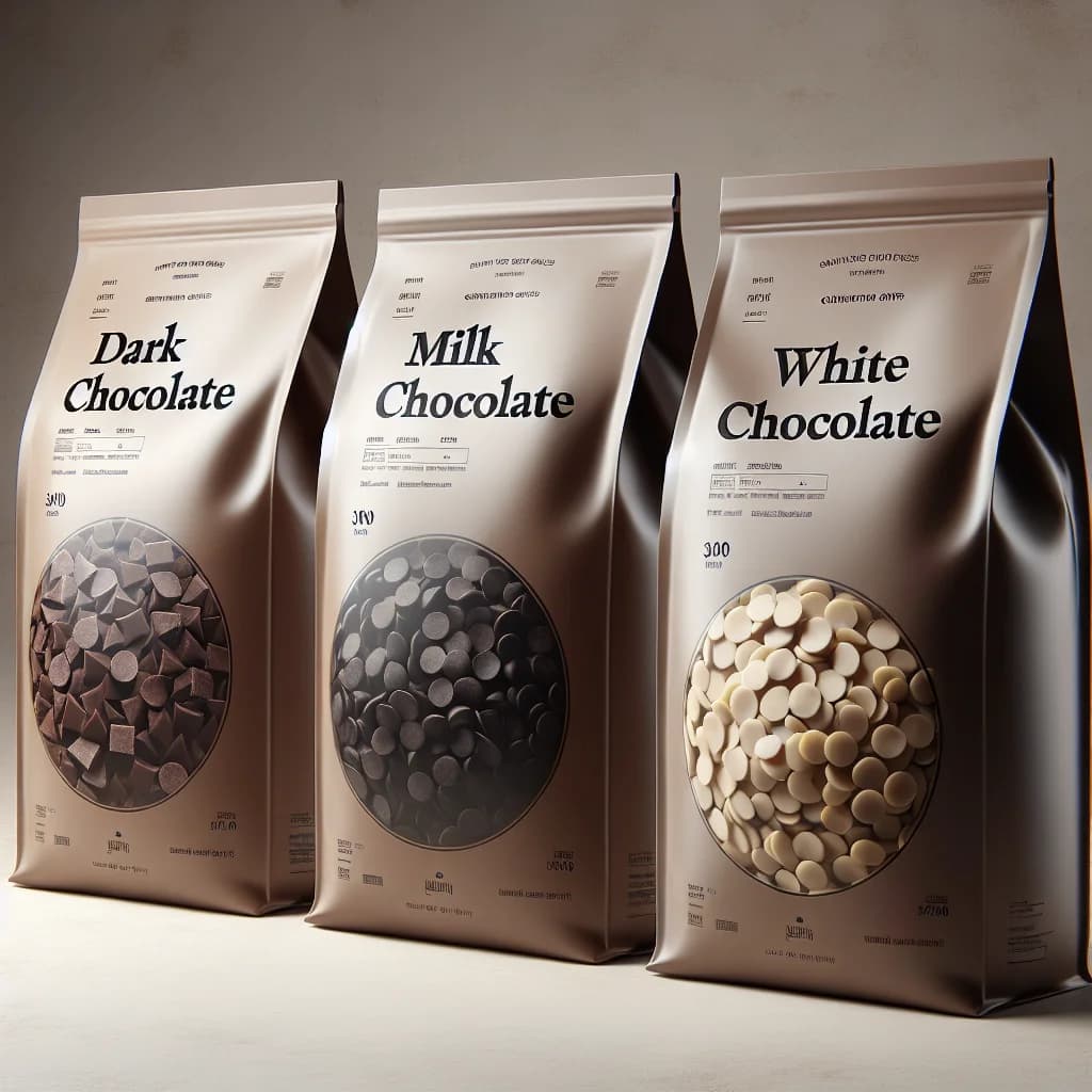 assorted chocolate chips in bulk packaging with variations of dark, milk, and white chocolate on a neutral background
