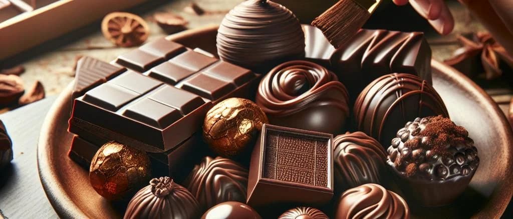 assorted chocolate desserts on elegant platters