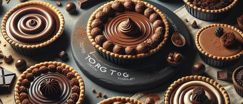 Assorted chocolate pies on a rustic wooden table highlighting variations in flavor and packaging