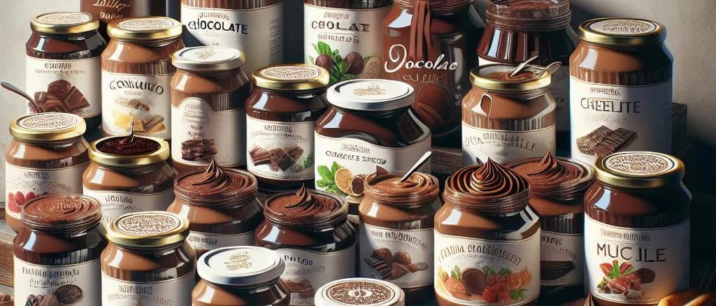 various chocolate spread jars with diverse packaging on wooden background