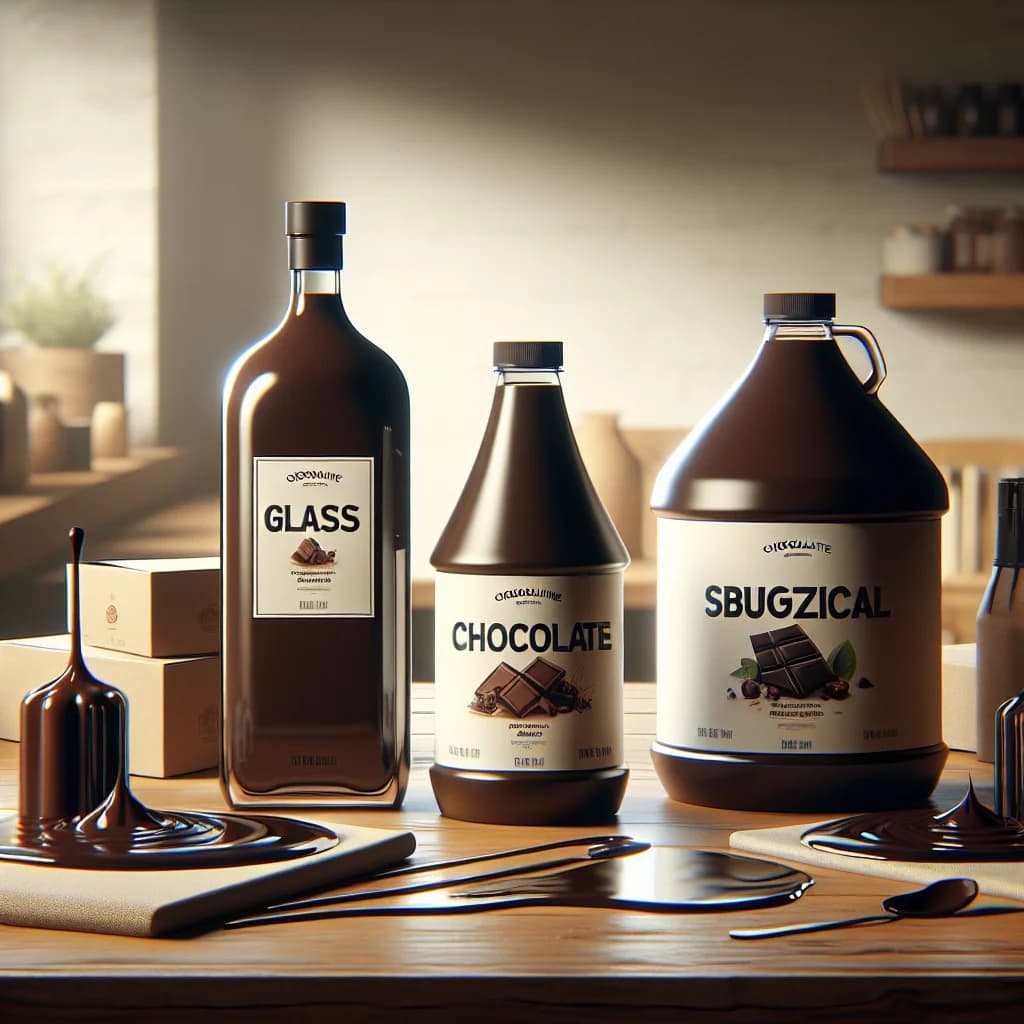 rich-chocolate-syrup-bottles-on-wooden-background