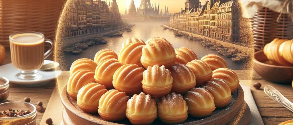 variety of golden brown chouquettes with powdered sugar on a rustic wooden table