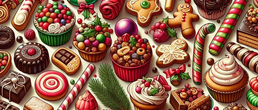 three varieties of Christmas sweets with festive packaging