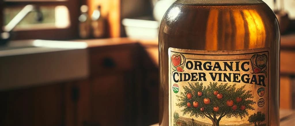assorted cider vinegar bottles on wooden shelves