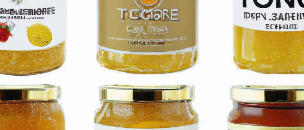 Variety of citrus honey jars with colorful labels on a wooden background