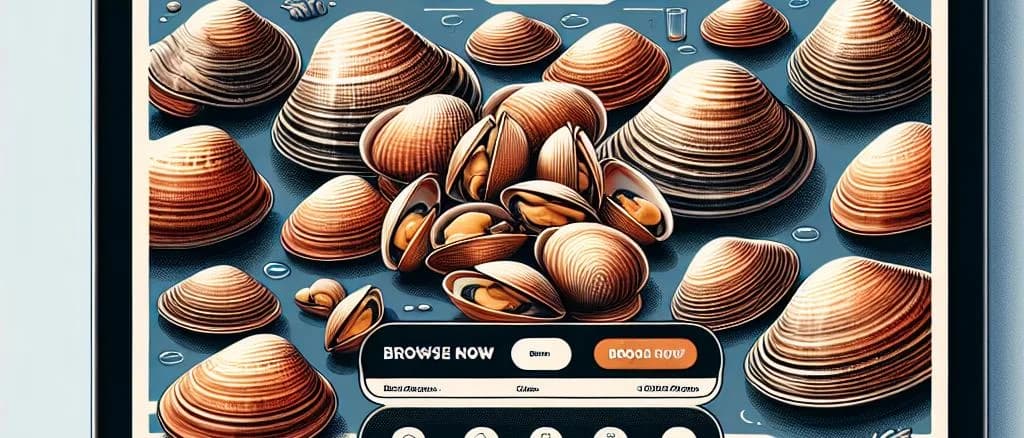 Assorted clam dishes with diverse packaging on wooden table