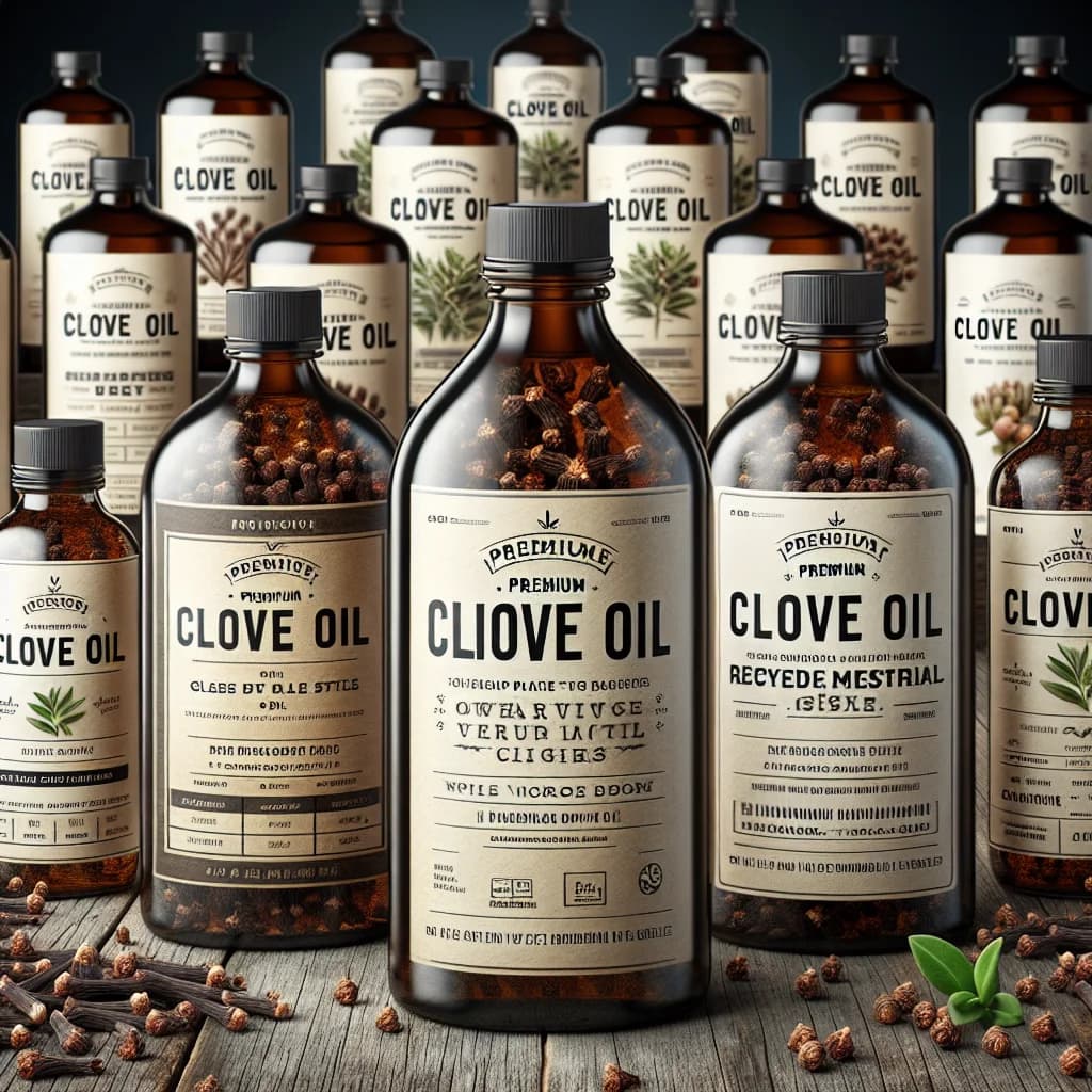 clove oil bottles with premium packaging in various sizes, displayed on a natural wooden surface with cloves scattered around
