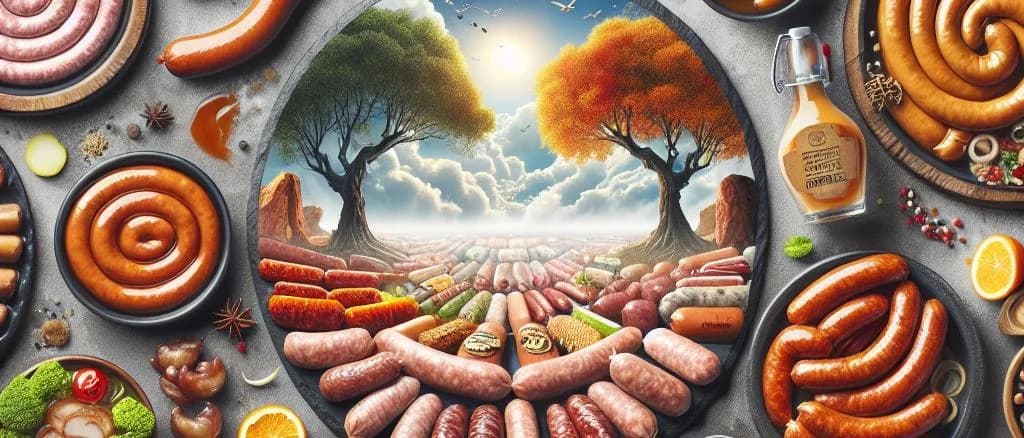 Various types of cocktail sausages with different packaging on a rustic wooden table