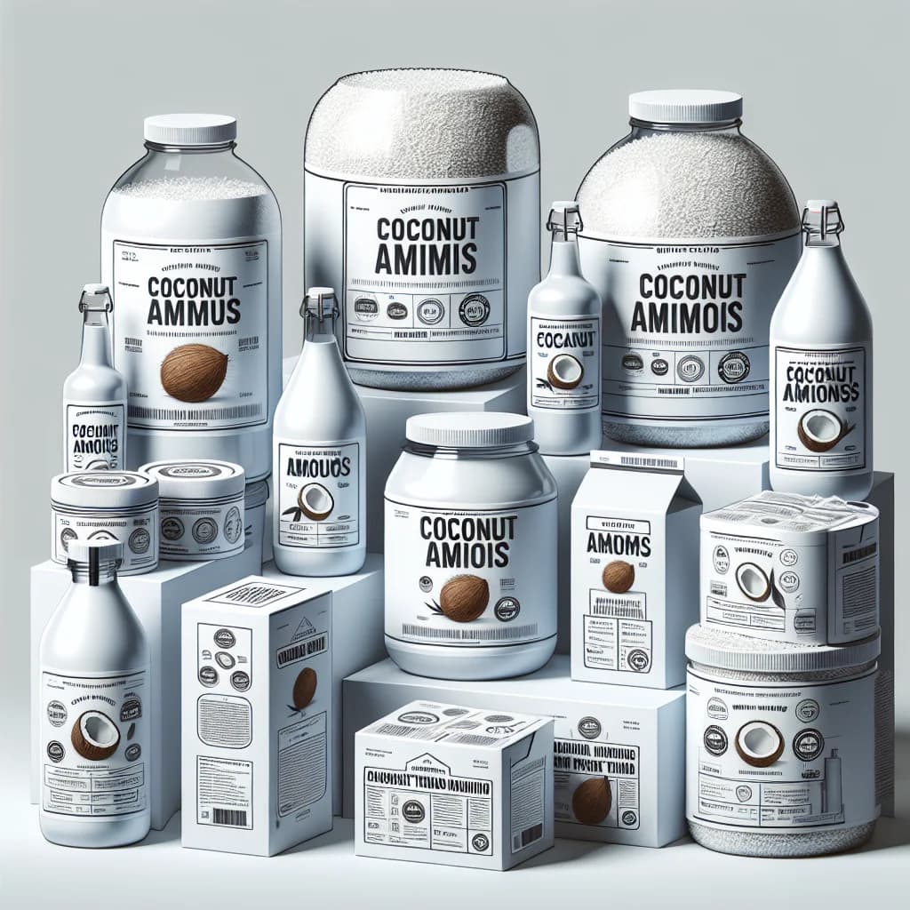varieties of coconut aminos bottles for wholesale and private label options on a clean background