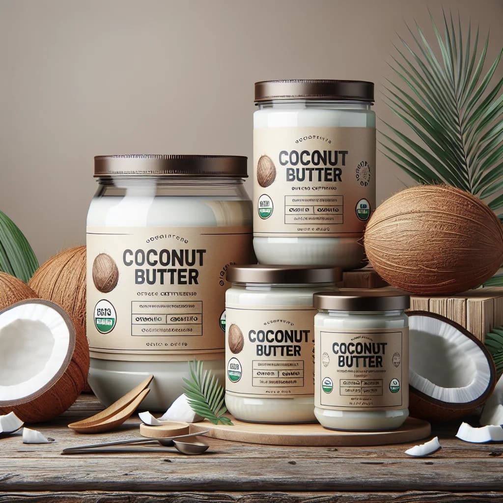 assorted coconut butter products in sustainable packaging on a wooden background