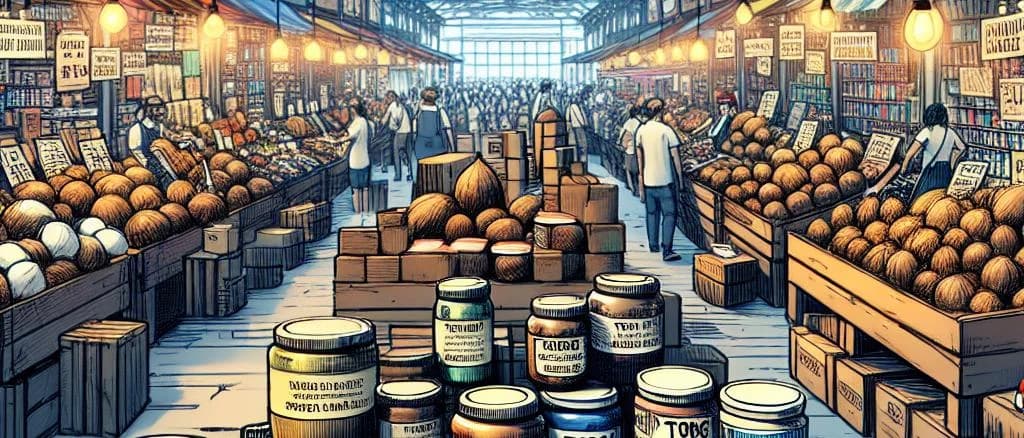 Various coconut butter jars on a wooden shelf with lush green coconut leaves background
