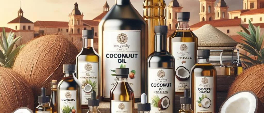 Various coconut oil packaging displayed with tropical background