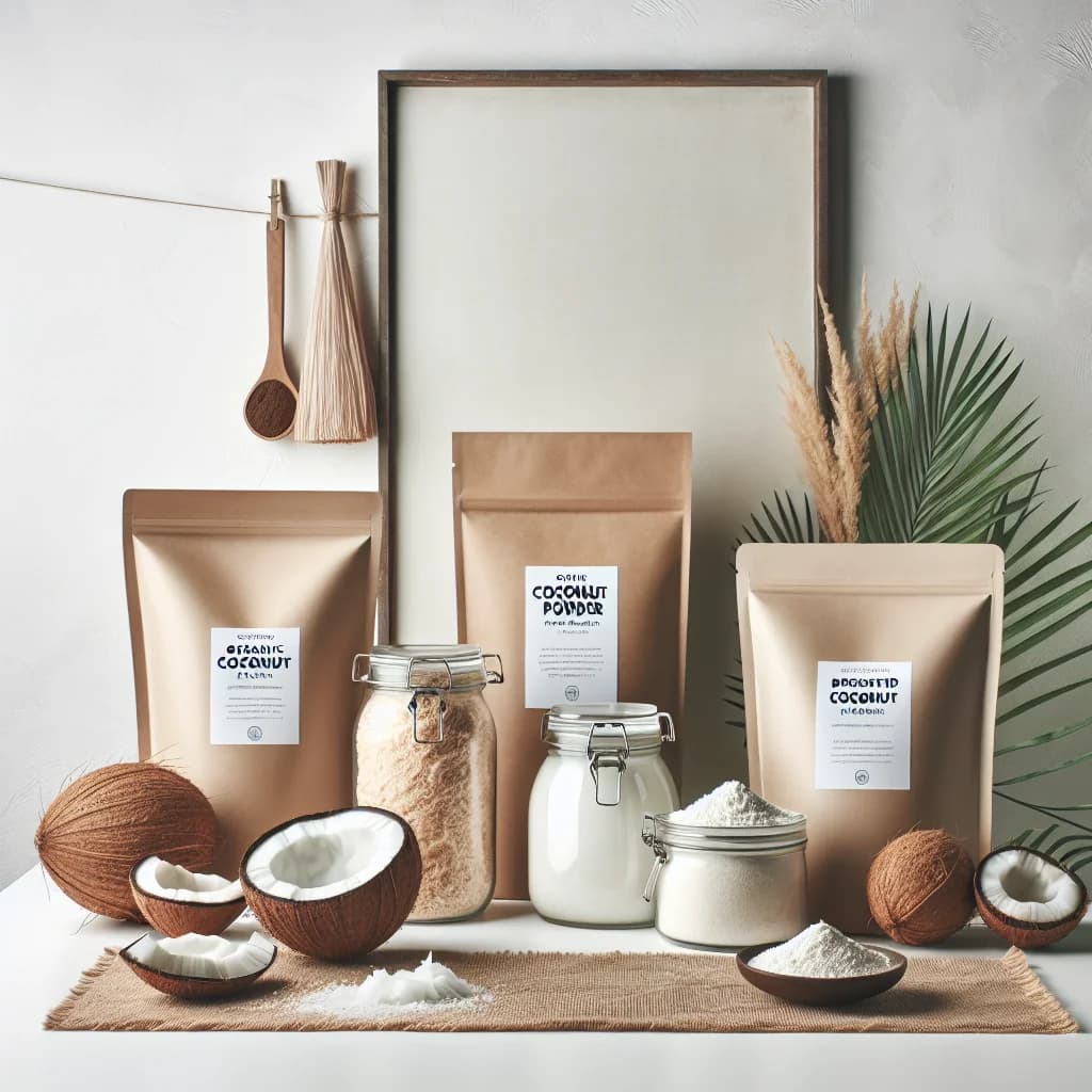 Coconut powder in transparent packaging with different variations such as organic, desiccated, and finely powdered options on a neutral background