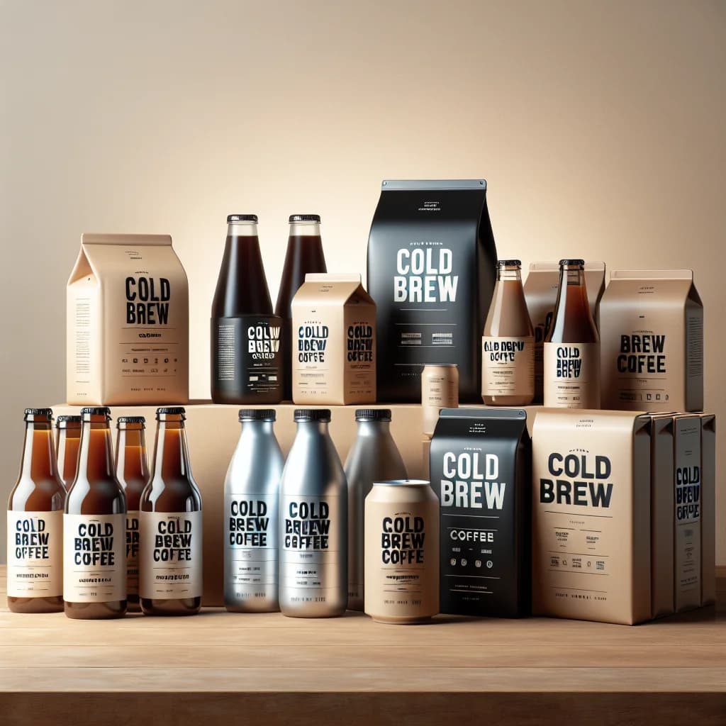 array of cold brew coffee bottles in different packaging styles on a wooden surface