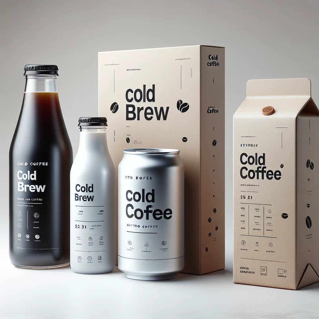 assorted cold coffee packaging variations on a clean background